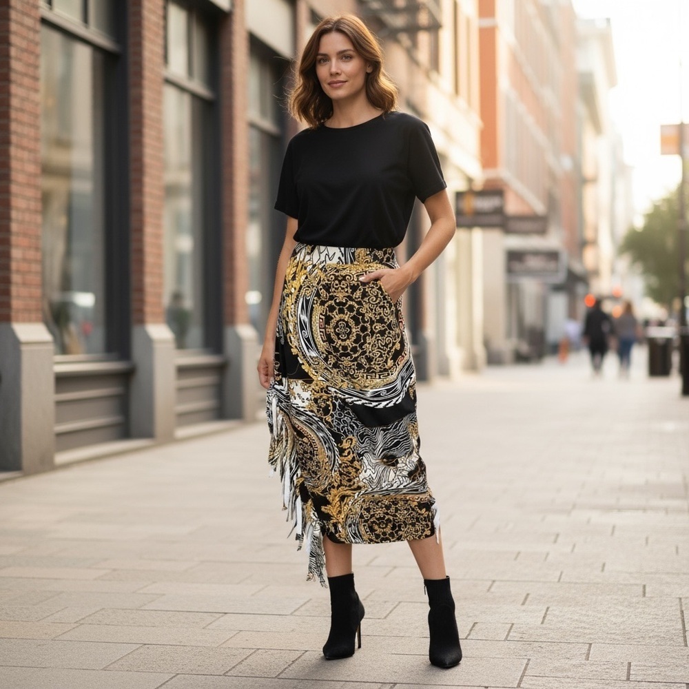 Women’s Black Gold Maxi Fringe Skirt